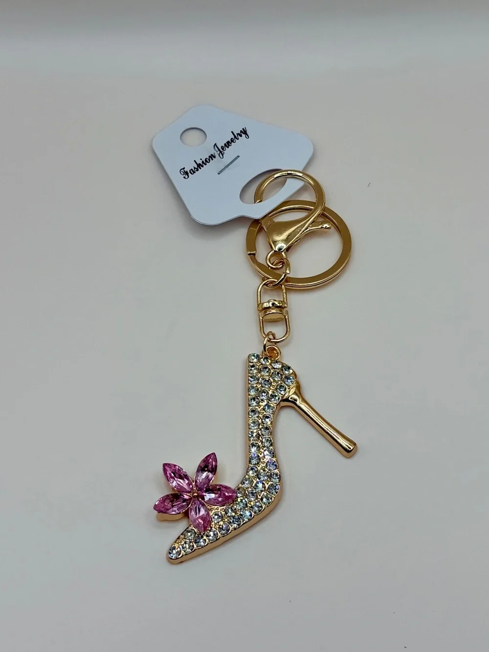 Bougie Gold High Heel Keychain with Pink Crystal Flower